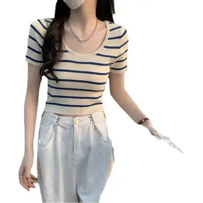 Women Knitted Striped T-Shirt Summer 2025
