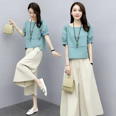 Women Loose Two-Piece Summer Outfit Green Wide Leg Pants Set