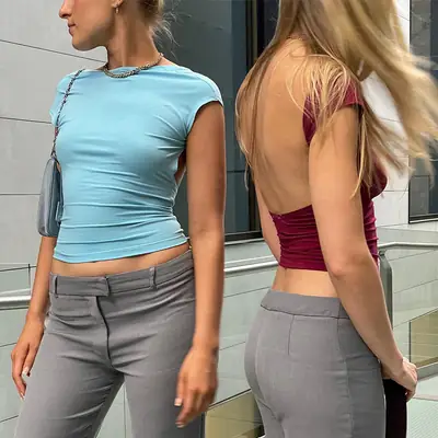 Summer Hollow Backless Top with Navel-Baring Half Turtleneck