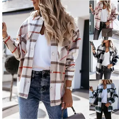 2022 Plaid Long Sleeve Shirt Jacket for Women