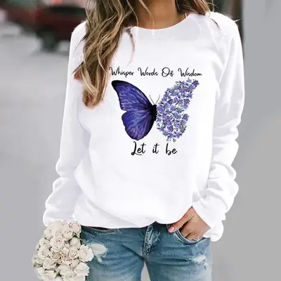 Women Long Sleeve Butterfly Print Sweatshirt Grey