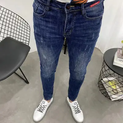 Men Dark Blue Slim Fit Cropped Jeans Winter Labeling