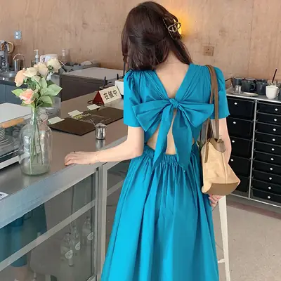 Vintage French Style Hollow Bow Dress Women Summer New Puff Sleeve Small Black Dress High Waist Slimming A- line Skirt