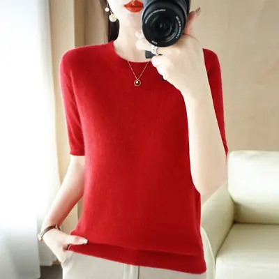 Women Knit Round Neck Short Sleeve Purple T-Shirt 202
