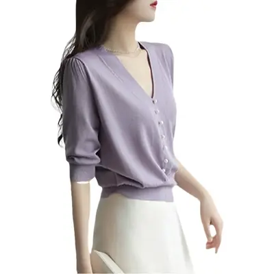 Women's Pink Knitted V-Neck Half Sleeve Shirt