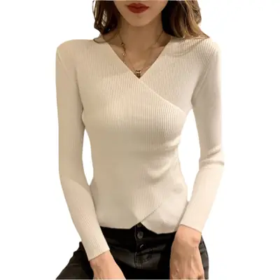 Women V-Neck Knitted Sweater White Long Sleeve