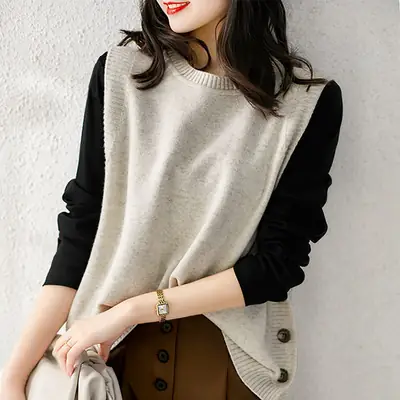 2023 Knitted Layered Vest Women Black Button Casual