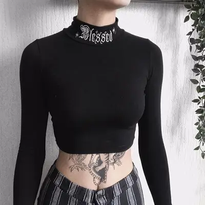 Dark Collar Top for Women Tight Fitting Long Sleeve