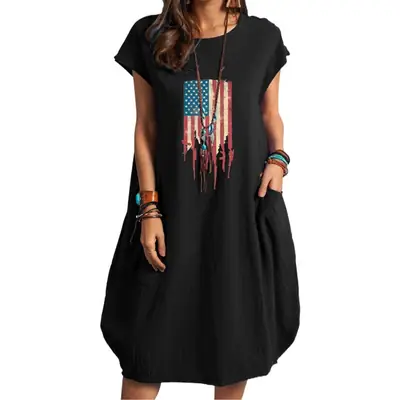 Women American Independence Day Print Cotton Dress Plus Size