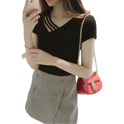 Women's Black Strappy T-Shirt V-Neck Summer Top