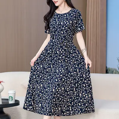 Mother's Summer Cotton Silk Dress Large Size Floral Over-the-Knee Long Dress
