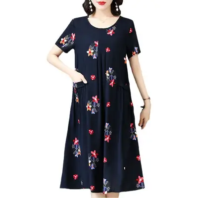 Plus Size Floral Cotton Silk Mid Length Dress 150kg