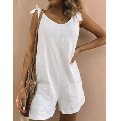 2022 Summer Cotton Linen Patch Pocket Jumpsuit Shorts
