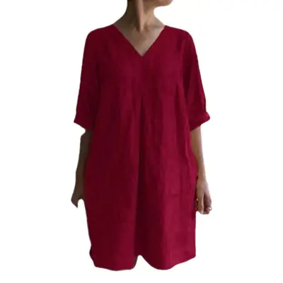 2022 Summer Hot V-Neck Cotton Linen Dress Women
