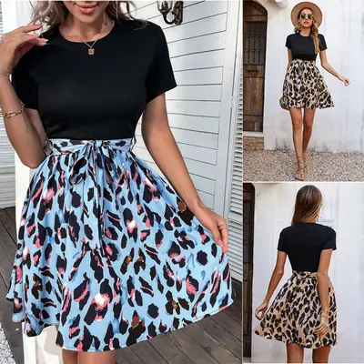 Women Leopard Print Skirt Set with Bow Dress