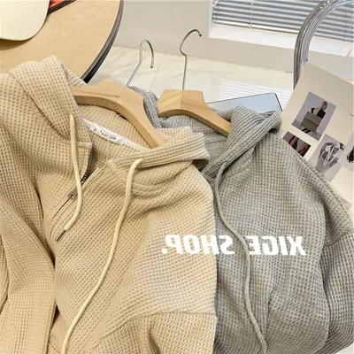 Women Waffle Hoodie Zipper Cardigan Beige Loose Fit