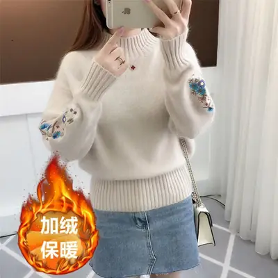 Women Embroidered Knit Half Turtleneck Sweater