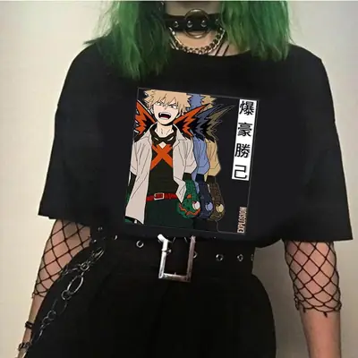 Men Women Anime Print T-Shirt Black Short Sleeve