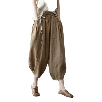 Women Faux Linen Stretch Waist Pants Brown