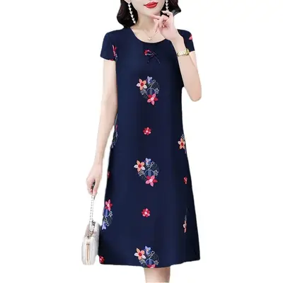 Green Printed Silk Dress for Women Mid-Length Loose Fit