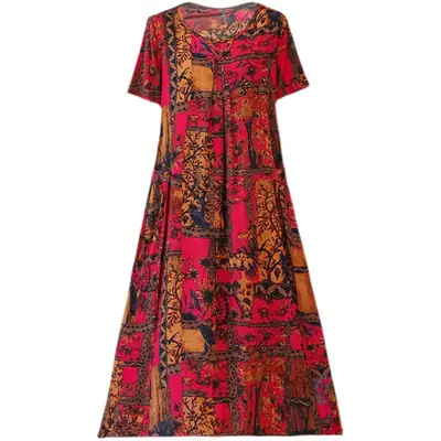 Fat Plus Size Cotton Silk Dress Navy Leaf Print