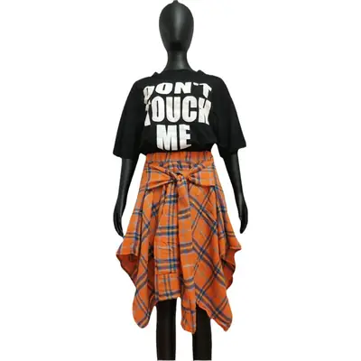 Women's Orange Plaid Irregular Strap Skirt with White Boots