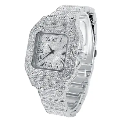Men's Square Roman Diamond Hip Hop Watch with Diamond Bracelet