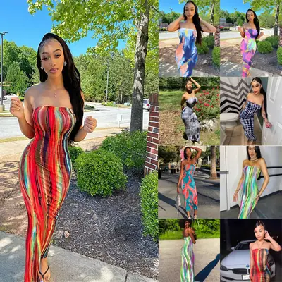 2022 Women's Colorful Tie-dyed Off-shoulder Dress Large Size
