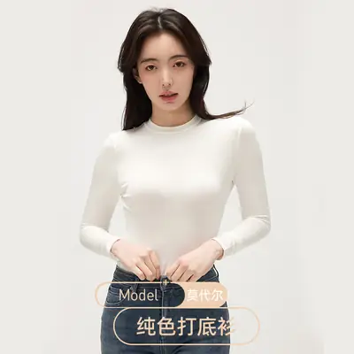 Women Black Long Sleeve Half-High Collar T-Shirt