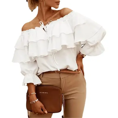Black Off-Shoulder Ruffled Chiffon T-Shirt for Women