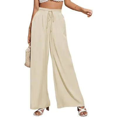 Women's Green Elastic Waist Tie Loose Wide Leg Pants