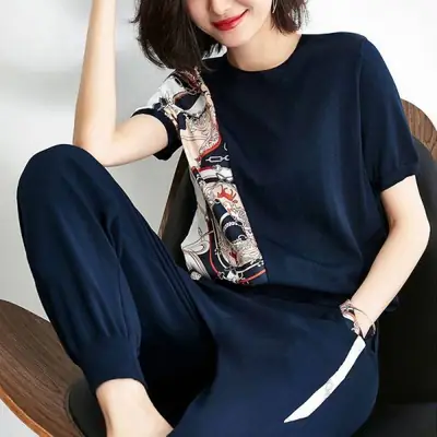 Women's 200kg Fat Size Sports Suit Navy Printed