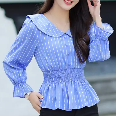 Blue Striped Long Sleeve Women's Pullover Shirt