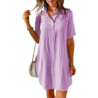 Women Purple Plaid Button Down Shirt Dress
