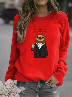 Women Red Sweatshirt with Cartoon Bear Design