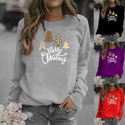 Women Christmas Tree Crew Neck Sweatshirt Grey
