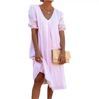 2024 Cotton Linen Midi Dress Pink V-Neck Long Sleeve