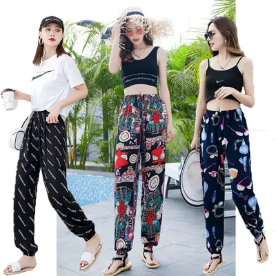 Women Cotton Silk Floral Beach Pants Blue Red