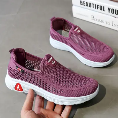 Women Pink Mesh Slip-On Walking Shoes with Non-Slip Sole