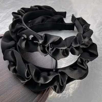 Black Pleated Wide-Brimmed Headband for Women