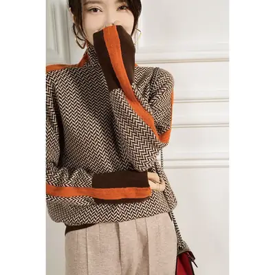 Women's Wool Turtleneck Sweater with Orange Sleeves