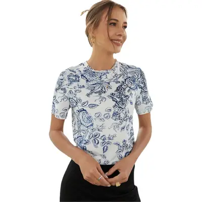 Women Printed Round Neck Jacket Blue White 2022