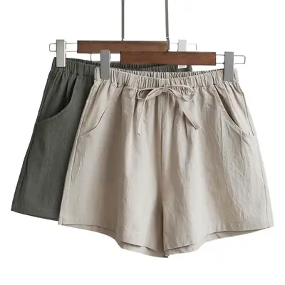 Women Linen Shorts Red Large Elastic Waist