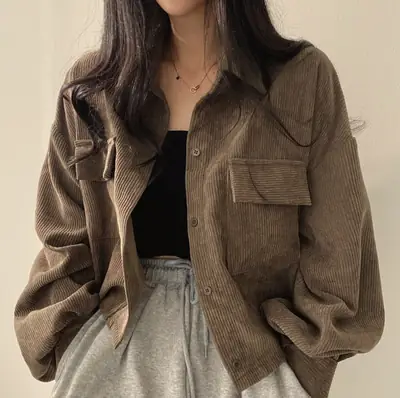 2024 Black Corduroy Long Sleeve Shirt Jacket for Women