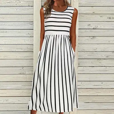 2022 Striped Sleeveless Round Neck Dress Black White