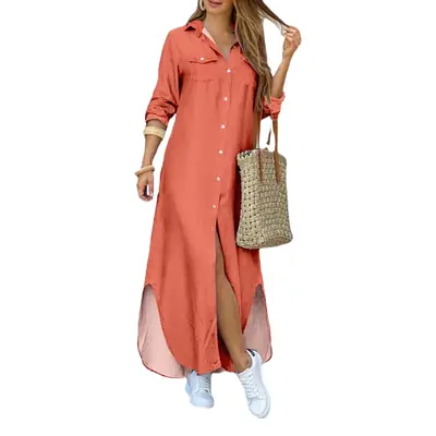 2025 Printed Long Skirt Shirt Dress for Women Coral