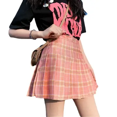 Women Plaid Pleated Skirt High Waist Slimming Summer