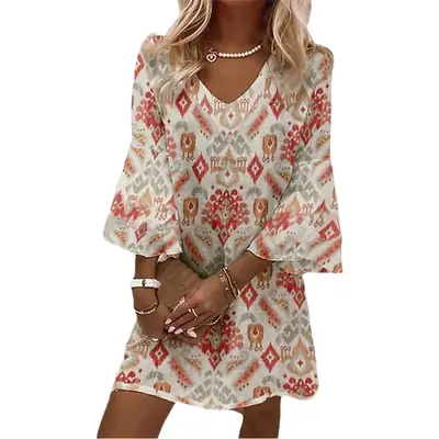 Printed V Neck Mini Jumpsuit 3/4 Sleeve