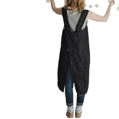 Black Long Sleeve Apron with Straps for Women