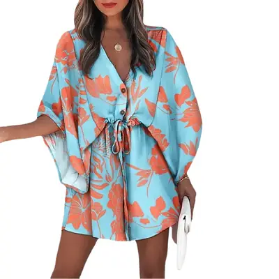 2023 Blue Floral V-Neck Tie Dress for Women